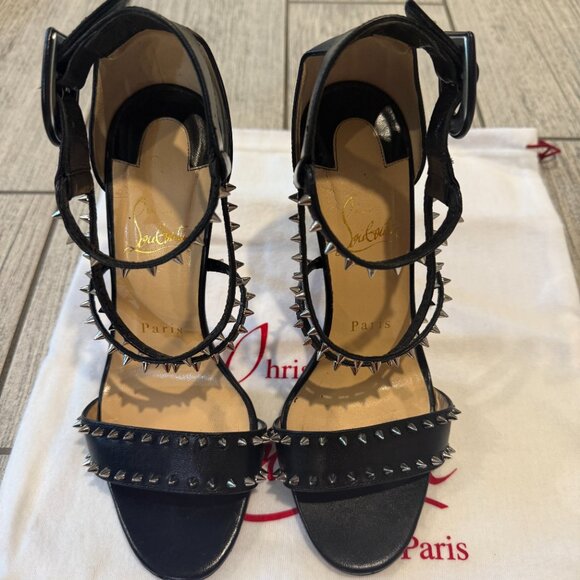 CHRISTIAN LOUBOUTIN Choca Spikes 100 Black Leather Sandals Size 7 IT 37 - Picture 11 of 11